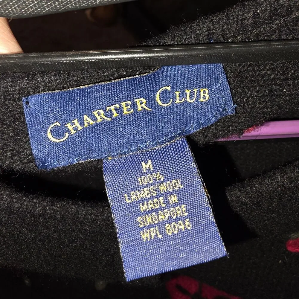 CHARTER CLUB Sz M Vtg 100% Wool Poinsettia Beaded Blk Button Christmas Sweater